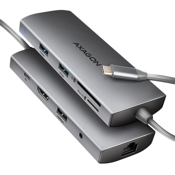 USB концентратор AXAGON HMC-8HLSA, USB-C 3.2 Gen 1, 3x USB-A, HDMI 4K/30Hz, Gigabit Ethernet, SD/microSD, 3.5mm Audio, PD 100W -