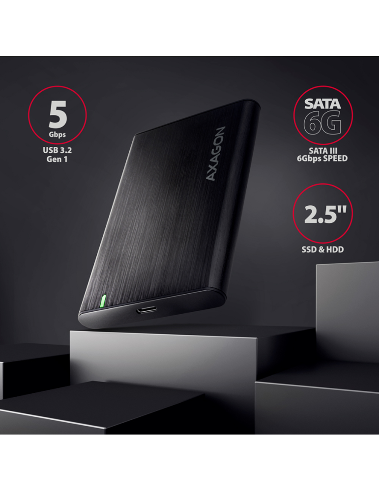 Външен диск AXAGON EE25-A6C, 2.5" SATA, USB 3.2 Gen 1 Type-C, Алуминий, Черен - EE25-A6C - 2