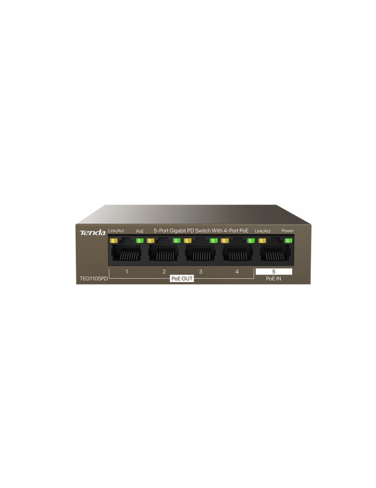 Суич Tenda TEG1105PD, 5 портов Gigabit Ethernet, PoE IN/OUT, 10Gbps - 6932849429824 - 1