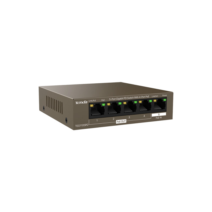 Суич Tenda TEG1105PD, 5 портов Gigabit Ethernet, PoE IN/OUT, 10Gbps - 6932849429824 - 2