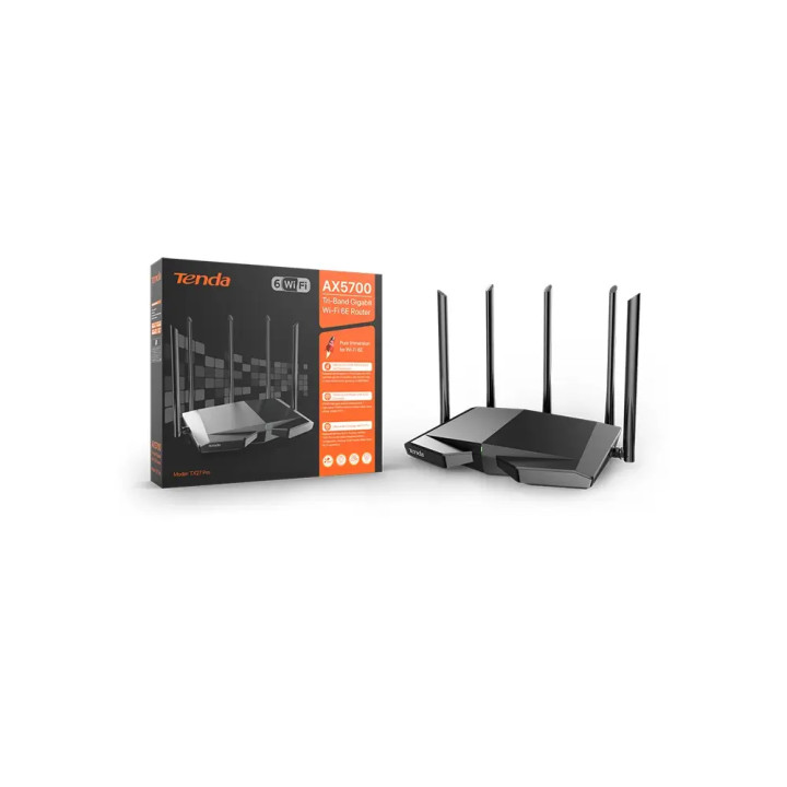 Рутер Tenda TX27 Pro, WiFi 6E, 6665Mbps (2.4GHz 861Mbps + 5GHz 2402Mbps + 6GHz 2402Mbps), 4x Gigabit портове - 4