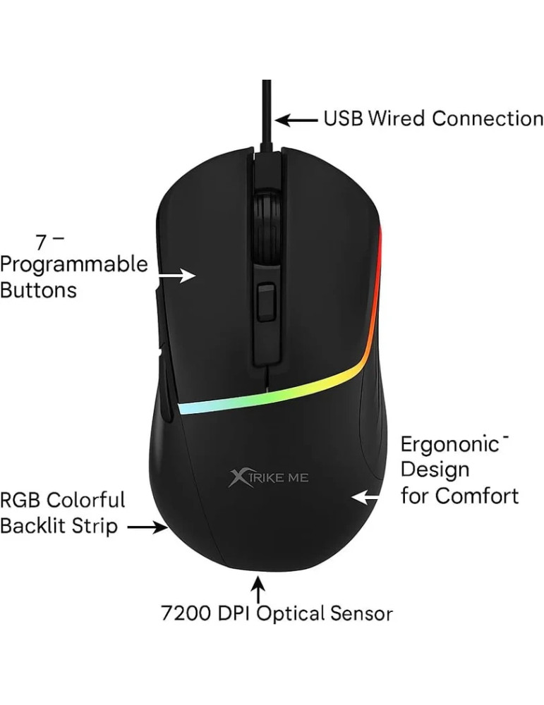 Геймърска мишка Xtrike ME GM-322, 7200 DPI, 6 бутона, USB, черна - XTRM-GM-322-BK - 1