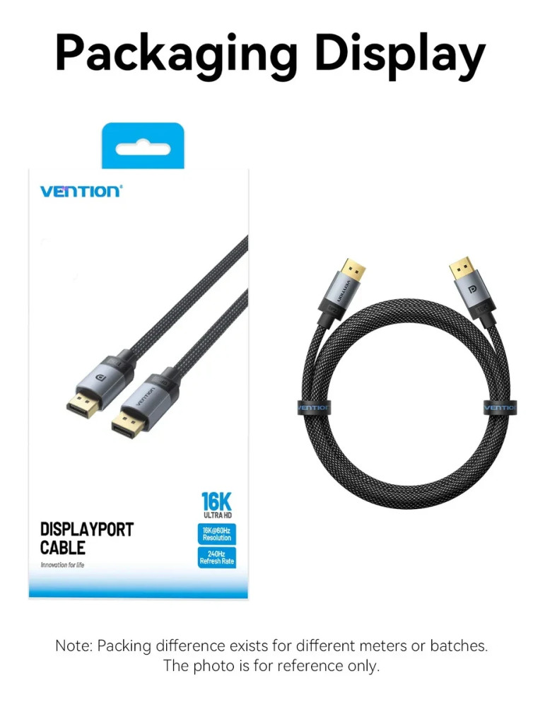 Кабел Vention DisplayPort v2.1 M/M, 2m, черен, 16K@60Hz, екраниран - HGBHH - 12
