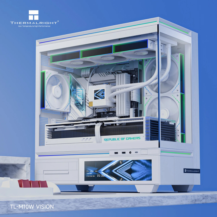 Кутия за компютър Thermalright TL-M10 Vision White, mATX, Mini Tower, 4x120mm ARGB, 9.16" LCD дисплей, USB-C - TL-M10-VISION-WH-
