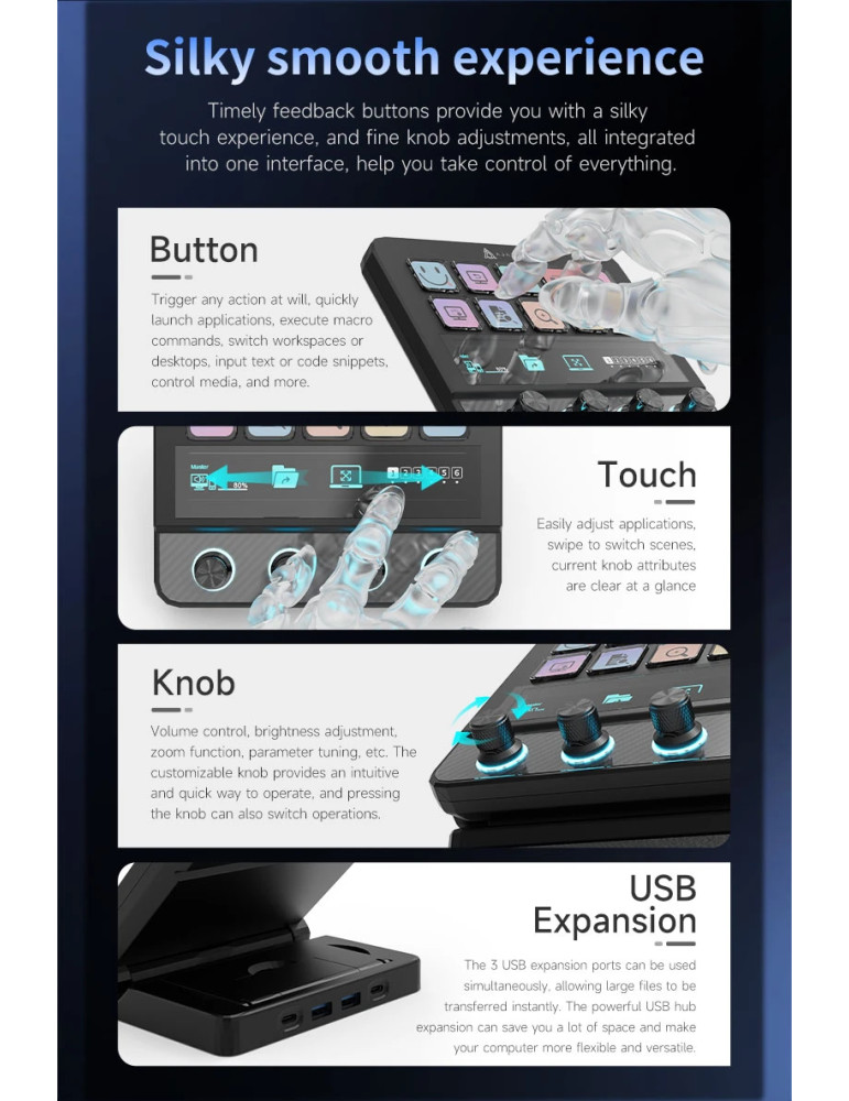 Стрийминг дек Ajazz AKP05E PRO, 10 LED/LCD бутона, Smart scene switching, Full macro engine, USB-C, регулируем стойка 0-60° - AJ