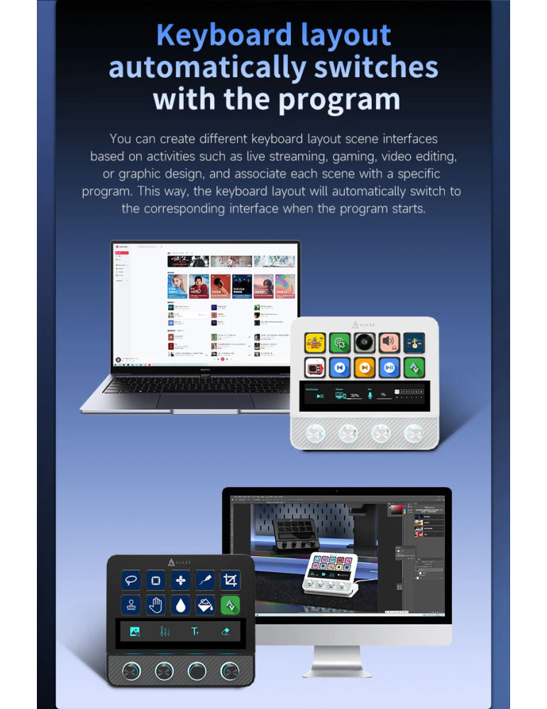 Стрийминг дек Ajazz AKP05E PRO, 10 LED/LCD бутона, Smart scene switching, Full macro engine, USB-C, регулируем стойка 0-60° - AJ
