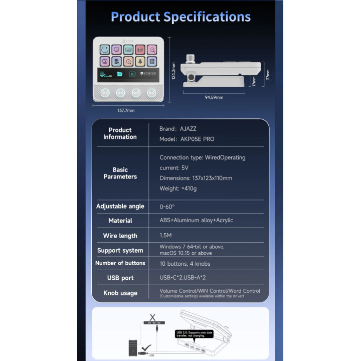 Стрийминг дек Ajazz AKP05E PRO, 10 LED/LCD бутона, Smart scene switching, Full macro engine, USB-C, регулируем стойка 0-60° - AJ