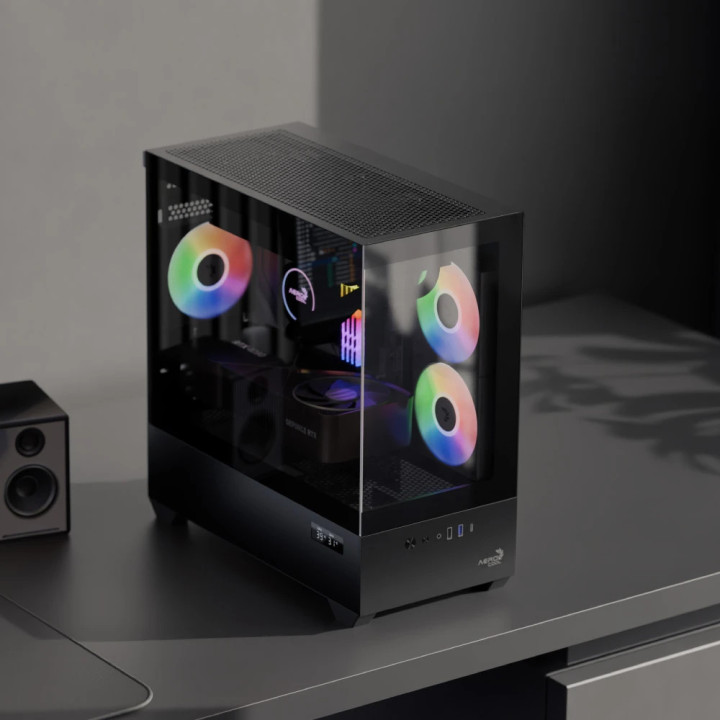 Кутия за компютър AeroCool P300D Digi-G-BK-v1, Mini Tower mATX, Tempered Glass, Digital Display, 3x120mm A-RGB - ACCS-PN05033.11