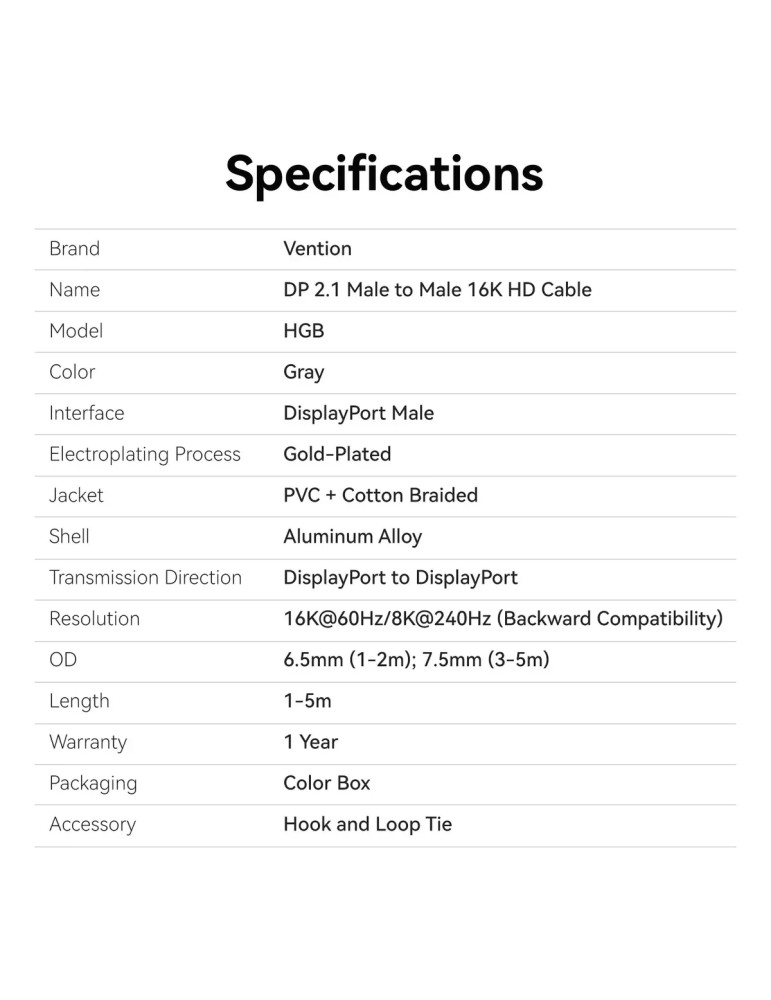 Кабел Vention DisplayPort v2.1 DP M/M, 1m, 16K@60Hz, 80Gb/s, черен - HGBHF - 11