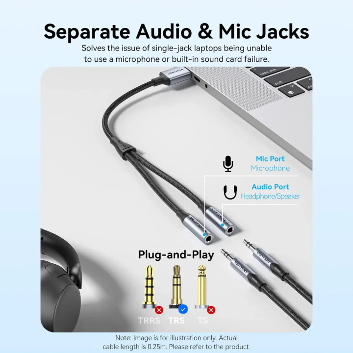 Външна звукова карта Vention USB 2-Port CVHHC, 3.5mm Stereo Jack x2, 48KHz 16bit, 2.1 Channel, 0.25m - CVHHC - 3