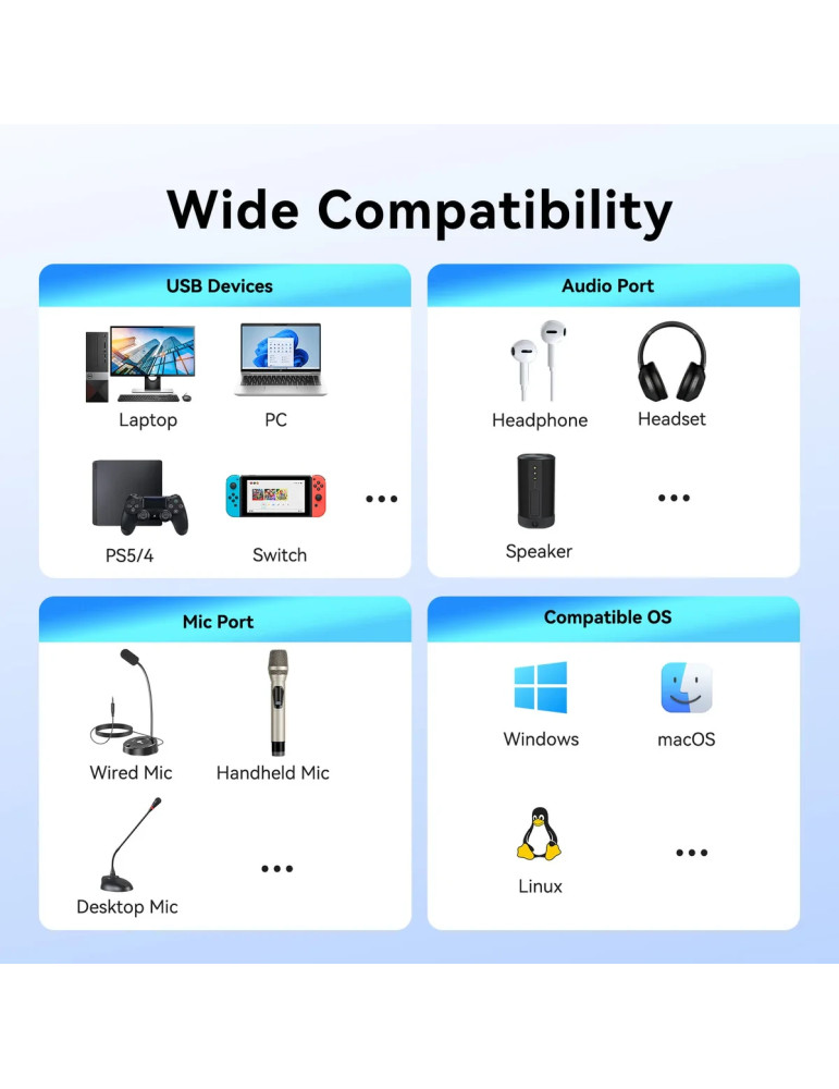 Външна звукова карта Vention USB 2-Port CVHHC, 3.5mm Stereo Jack x2, 48KHz 16bit, 2.1 Channel, 0.25m - CVHHC - 8