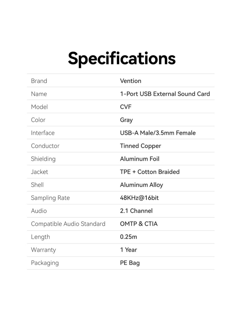Външна звукова карта Vention CVFHC, USB-A, 3.5mm jack, 48KHz 16-bit 2.1 Channel - 9