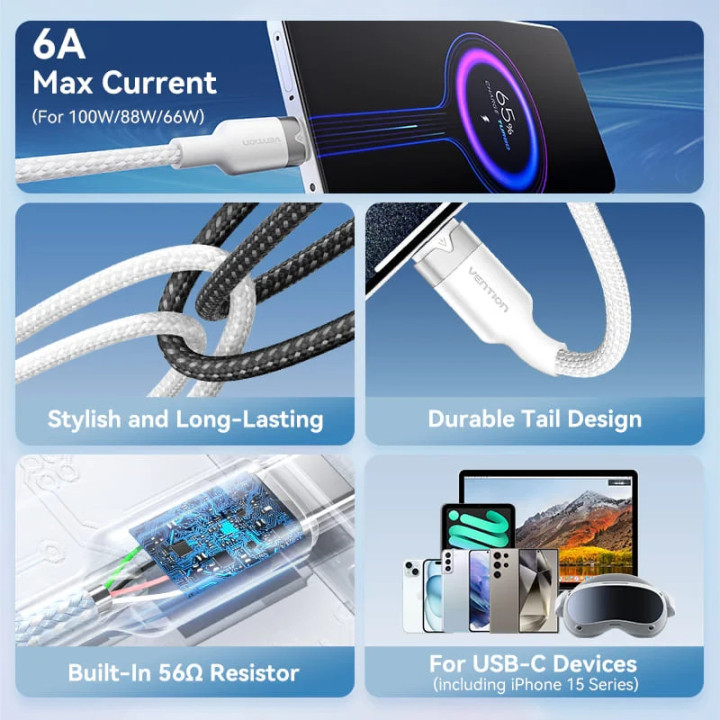 USB кабел Vention Type-A to Type-C 1.0M, USB 2.0, 6A Fast Charge, 480Mbps - CTOBF - 4