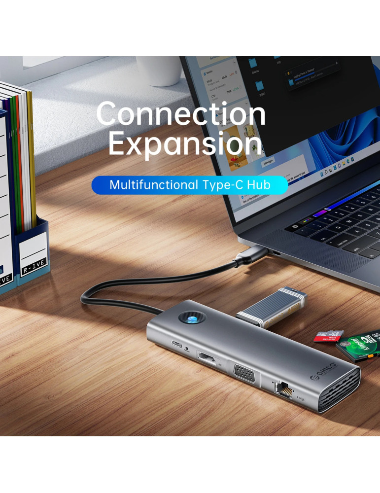 Докинг станция Orico PW11-9P-GY-EP, Type-C, HDMI, VGA, 3x USB 3.0, USB-C PD100W, LAN 1Gbps, SD/TF - PW11-9P-GY-EP - 5