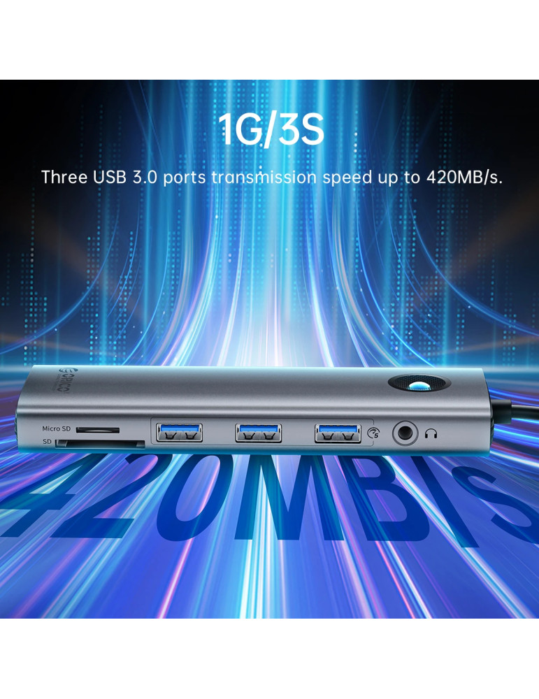 Докинг станция Orico PW11-9P-GY-EP, Type-C, HDMI, VGA, 3x USB 3.0, USB-C PD100W, LAN 1Gbps, SD/TF - PW11-9P-GY-EP - 6
