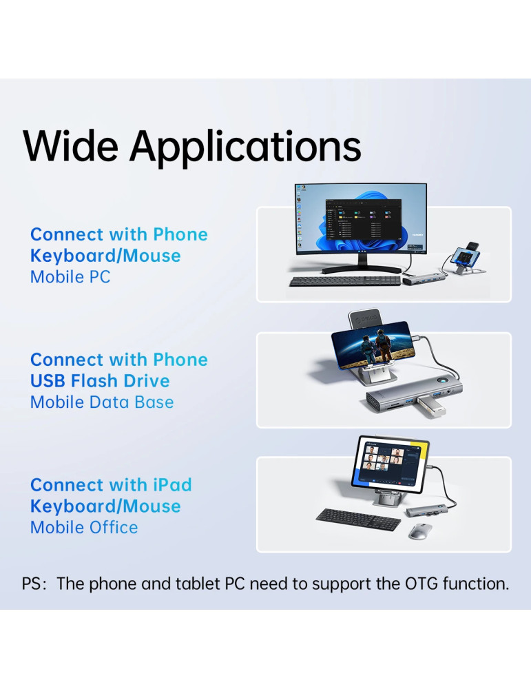 Докинг станция Orico PW11-9P-GY-EP, Type-C, HDMI, VGA, 3x USB 3.0, USB-C PD100W, LAN 1Gbps, SD/TF - PW11-9P-GY-EP - 11