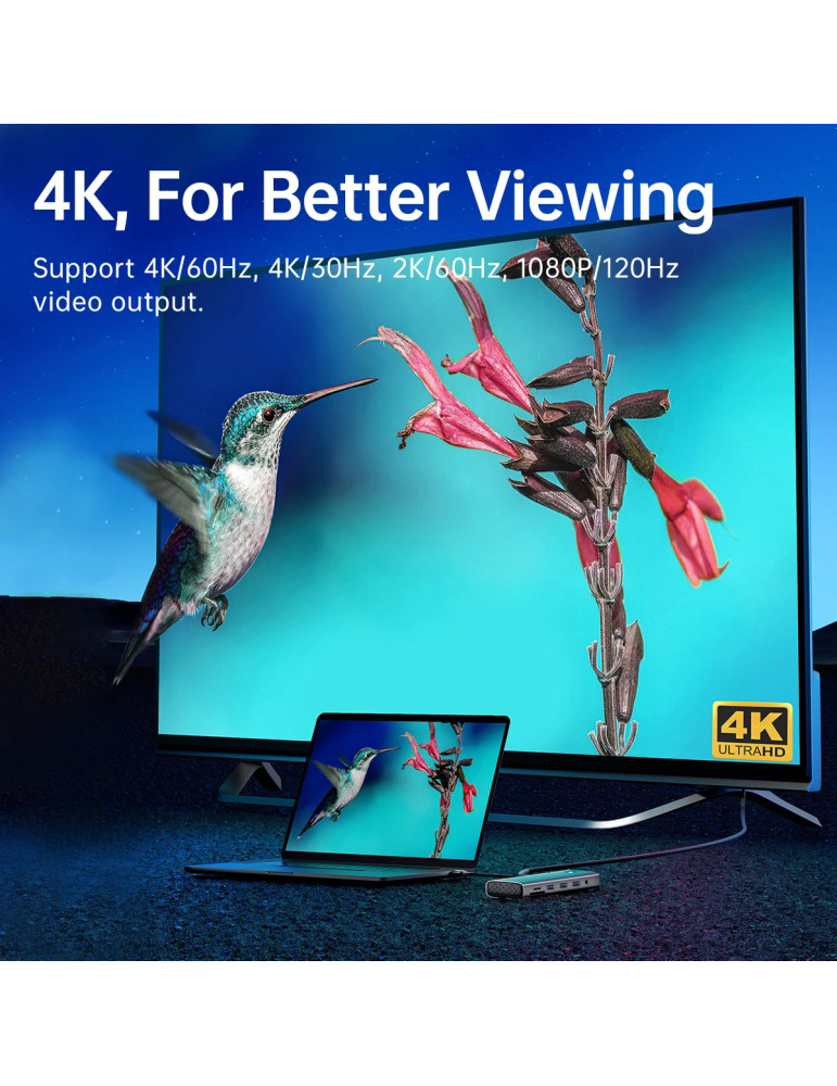 Докинг станция Orico PW11-9P-GY-EP, Type-C, HDMI, VGA, 3x USB 3.0, USB-C PD100W, LAN 1Gbps, SD/TF - PW11-9P-GY-EP - 12