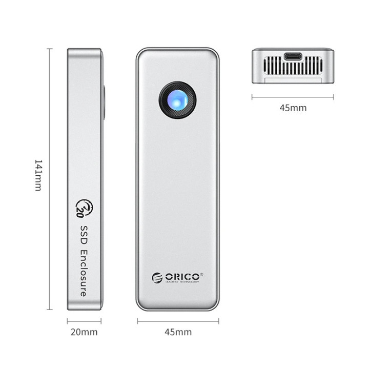 Външен кутийка за SSD диск Orico OUM2-G20-SV, M.2 NVMe, USB-C/A 20Gbps, 8TB, алуминиева кутия, охлаждане - OUM2-G20-SV - 3