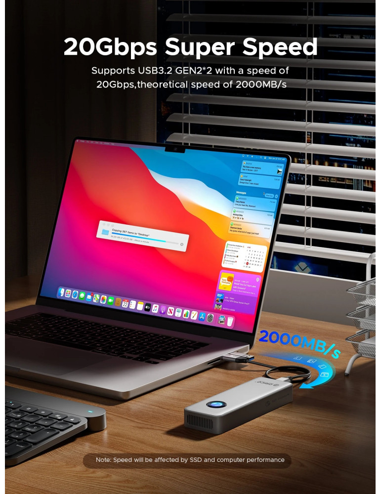 Външен кутийка за SSD диск Orico OUM2-G20-SV, M.2 NVMe, USB-C/A 20Gbps, 8TB, алуминиева кутия, охлаждане - OUM2-G20-SV - 5