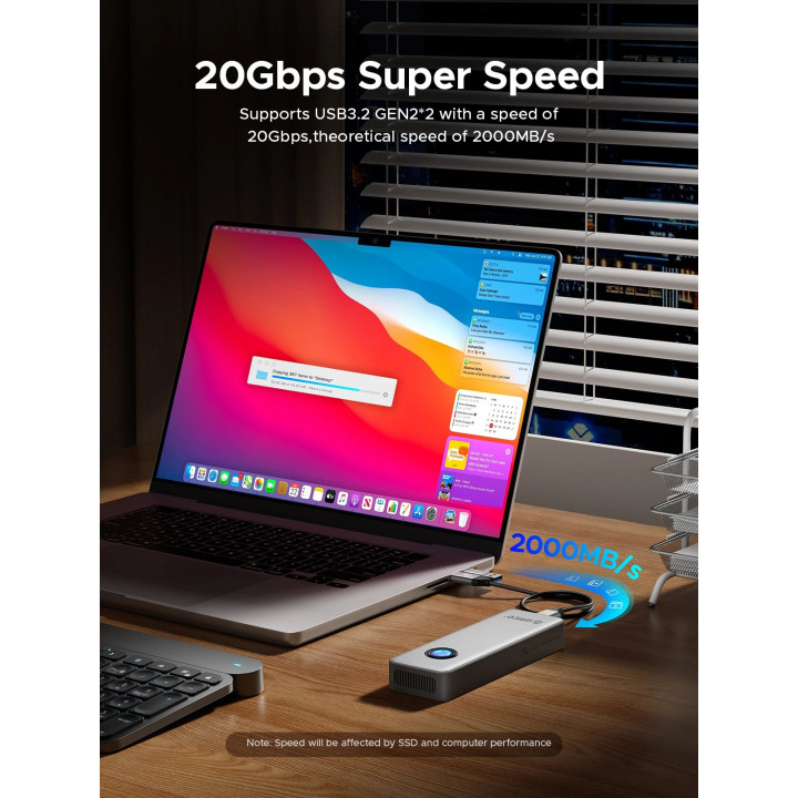 Външен кутийка за SSD диск Orico OUM2-G20-SV, M.2 NVMe, USB-C/A 20Gbps, 8TB, алуминиева кутия, охлаждане - OUM2-G20-SV - 5