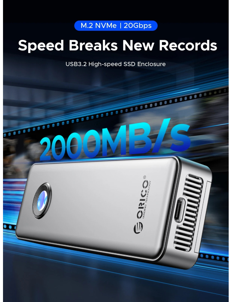 Външен кутийка за SSD диск Orico OUM2-G20-SV, M.2 NVMe, USB-C/A 20Gbps, 8TB, алуминиева кутия, охлаждане - OUM2-G20-SV - 7