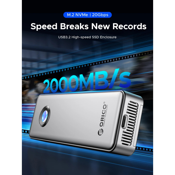 Външен кутийка за SSD диск Orico OUM2-G20-SV, M.2 NVMe, USB-C/A 20Gbps, 8TB, алуминиева кутия, охлаждане - OUM2-G20-SV - 7