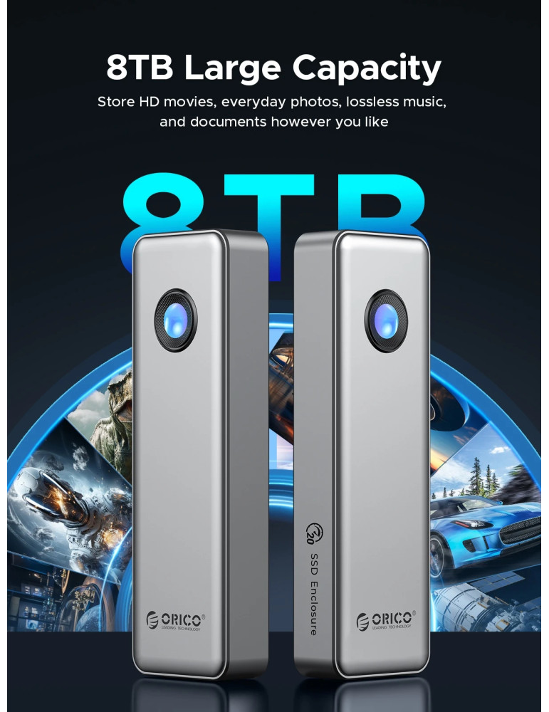 Външен кутийка за SSD диск Orico OUM2-G20-SV, M.2 NVMe, USB-C/A 20Gbps, 8TB, алуминиева кутия, охлаждане - OUM2-G20-SV - 11