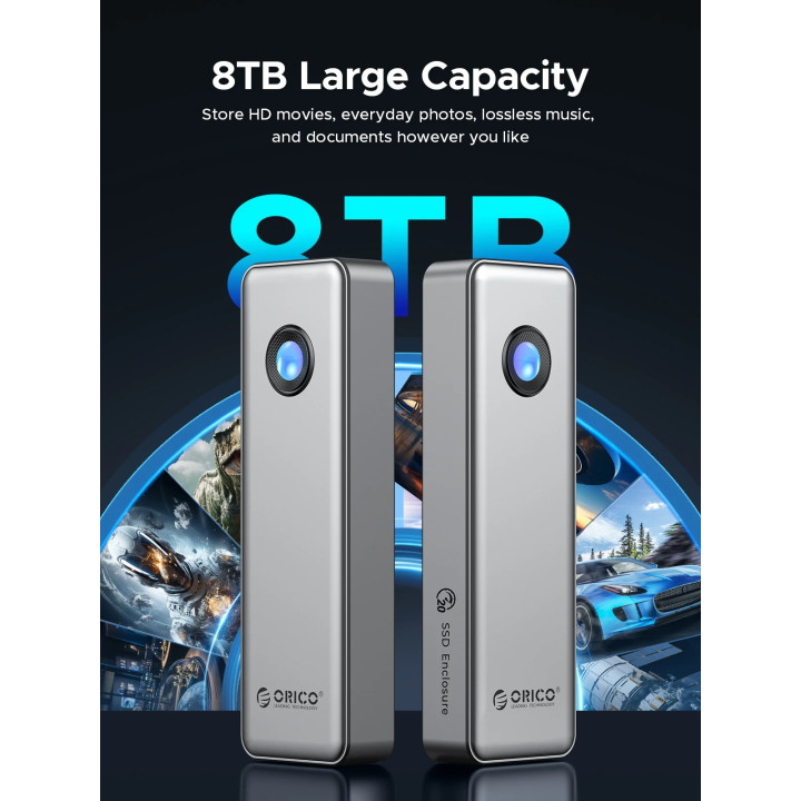 Външен кутийка за SSD диск Orico OUM2-G20-SV, M.2 NVMe, USB-C/A 20Gbps, 8TB, алуминиева кутия, охлаждане - OUM2-G20-SV - 11