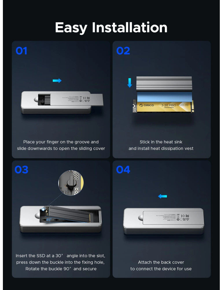 Външен кутийка за SSD диск Orico OUM2-G20-SV, M.2 NVMe, USB-C/A 20Gbps, 8TB, алуминиева кутия, охлаждане - OUM2-G20-SV - 12