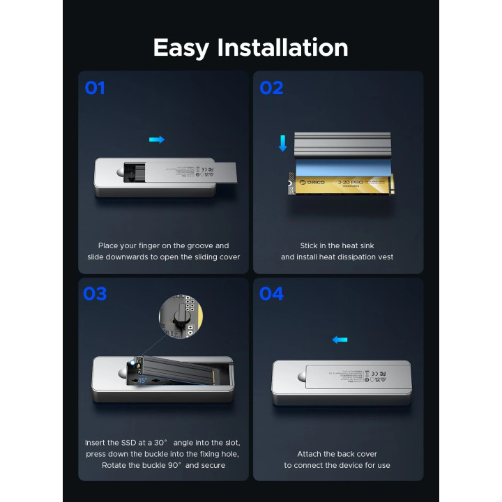 Външен кутийка за SSD диск Orico OUM2-G20-SV, M.2 NVMe, USB-C/A 20Gbps, 8TB, алуминиева кутия, охлаждане - OUM2-G20-SV - 12