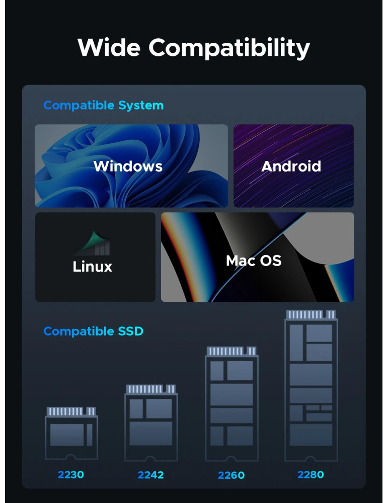 Външен кутийка за SSD диск Orico OUM2-G20-SV, M.2 NVMe, USB-C/A 20Gbps, 8TB, алуминиева кутия, охлаждане - OUM2-G20-SV - 15