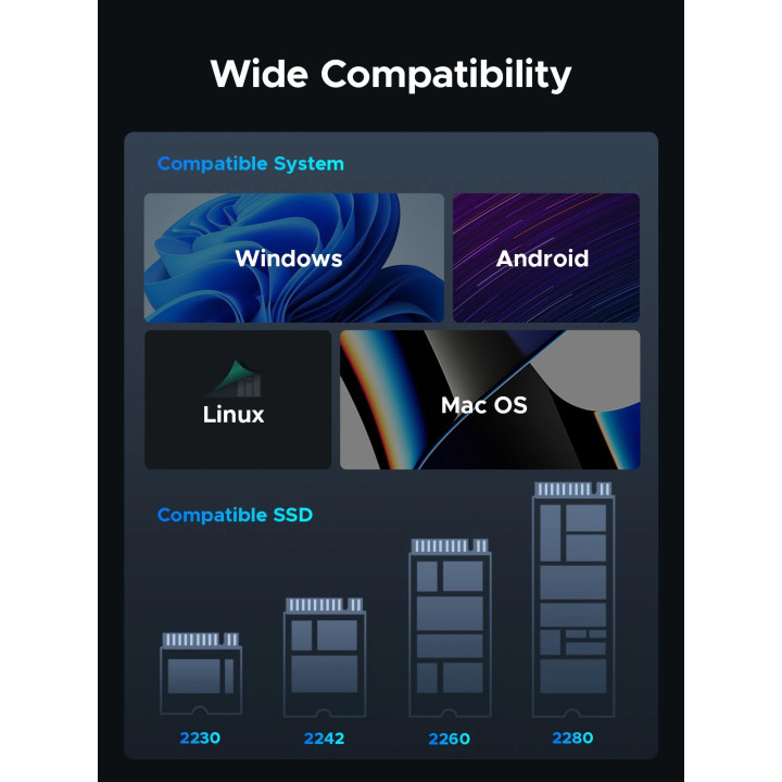 Външен кутийка за SSD диск Orico OUM2-G20-SV, M.2 NVMe, USB-C/A 20Gbps, 8TB, алуминиева кутия, охлаждане - OUM2-G20-SV - 15