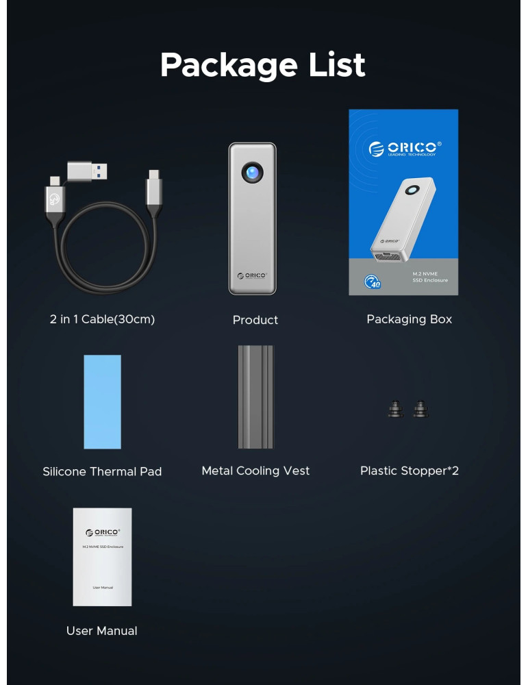 Външен кутийка за SSD диск Orico OUM2-G20-SV, M.2 NVMe, USB-C/A 20Gbps, 8TB, алуминиева кутия, охлаждане - OUM2-G20-SV - 16