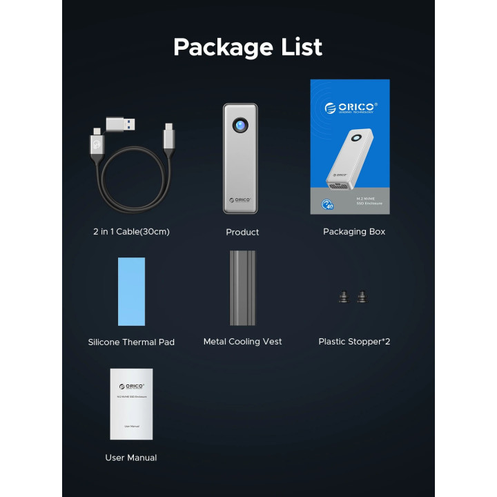 Външен кутийка за SSD диск Orico OUM2-G20-SV, M.2 NVMe, USB-C/A 20Gbps, 8TB, алуминиева кутия, охлаждане - OUM2-G20-SV - 16