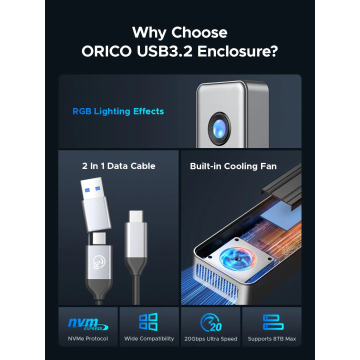 Външен кутийка за SSD диск Orico OUM2-G20-SV, M.2 NVMe, USB-C/A 20Gbps, 8TB, алуминиева кутия, охлаждане - OUM2-G20-SV - 17