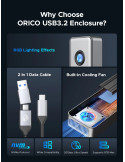 Външен кутийка за SSD диск Orico OUM2-G20-SV, M.2 NVMe, USB-C/A 20Gbps, 8TB, алуминиева кутия, охлаждане - OUM2-G20-SV - 17