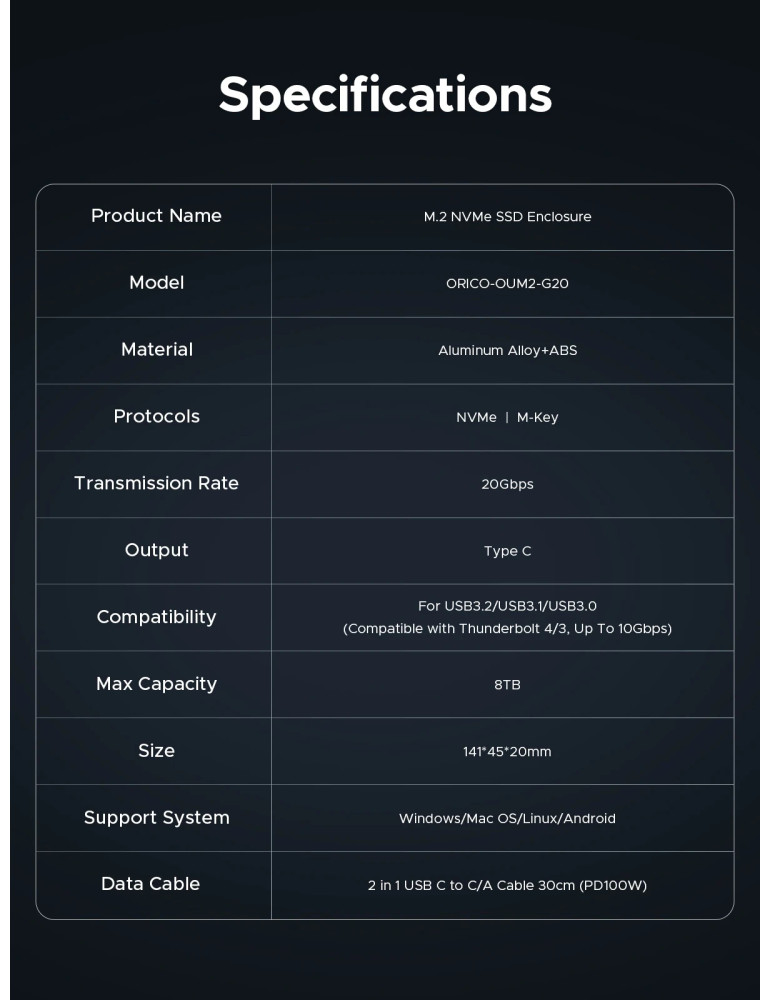 Външен кутийка за SSD диск Orico OUM2-G20-SV, M.2 NVMe, USB-C/A 20Gbps, 8TB, алуминиева кутия, охлаждане - OUM2-G20-SV - 18