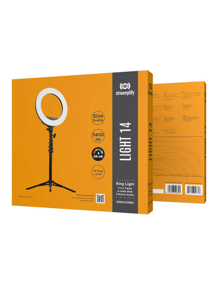 Стрийминг осветление Streamplify LIGHT 14, 36cm, 72 LED, 3400lm, 3000K-6000K, IR дистанционно, USB зареждане, статив/селфи стик 