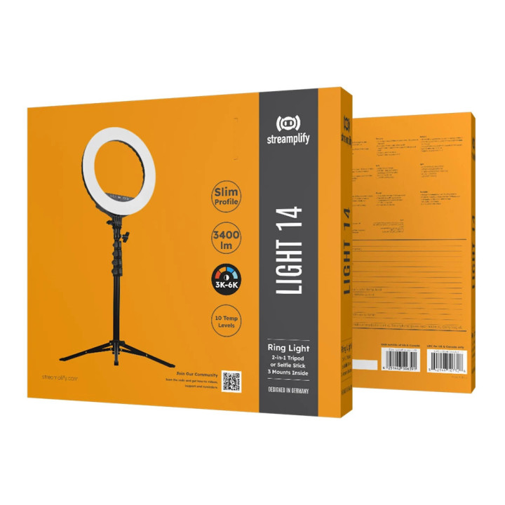 Стрийминг осветление Streamplify LIGHT 14, 36cm, 72 LED, 3400lm, 3000K-6000K, IR дистанционно, USB зареждане, статив/селфи стик 