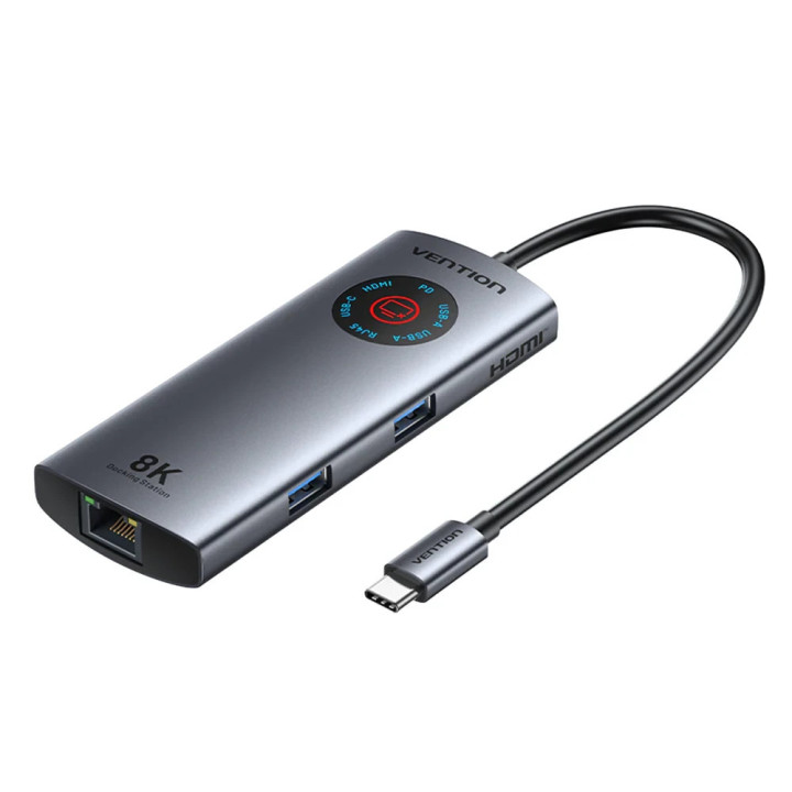 Докинг станция Vention TQZHB, Type-C, 8K 30Hz, HDMI, USB 3.0 x2, USB-C PD100W, LAN 1Gbps, LED дисплей - 1