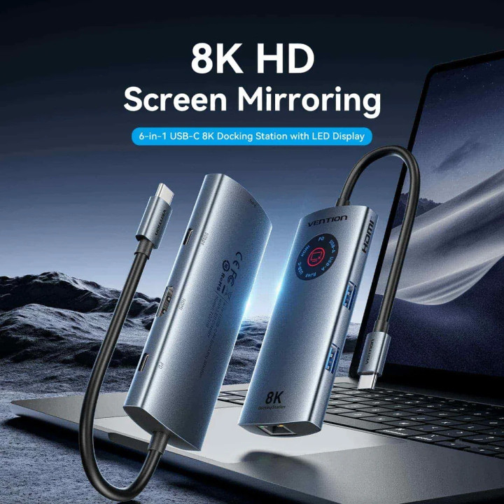 Докинг станция Vention TQZHB, Type-C, 8K 30Hz, HDMI, USB 3.0 x2, USB-C PD100W, LAN 1Gbps, LED дисплей - 2