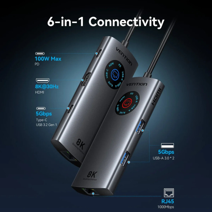 Докинг станция Vention TQZHB, Type-C, 8K 30Hz, HDMI, USB 3.0 x2, USB-C PD100W, LAN 1Gbps, LED дисплей - 3