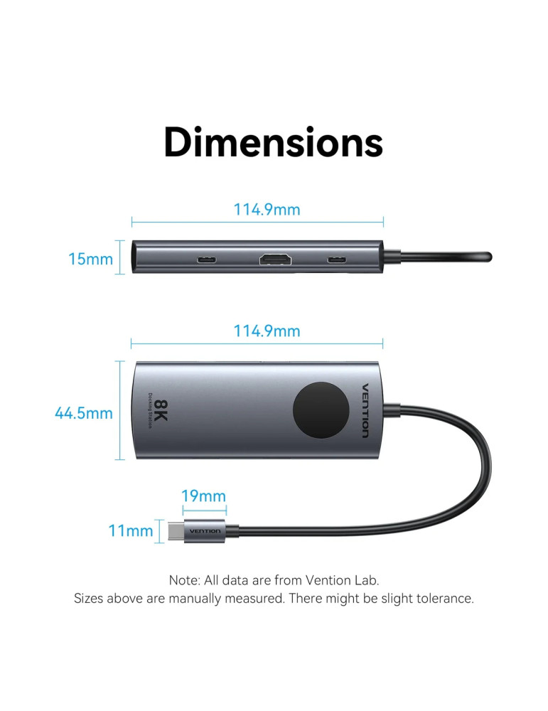 Докинг станция Vention TQZHB, Type-C, 8K 30Hz, HDMI, USB 3.0 x2, USB-C PD100W, LAN 1Gbps, LED дисплей - 13