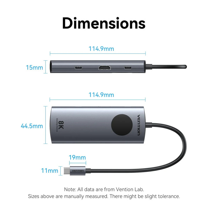 Докинг станция Vention TQZHB, Type-C, 8K 30Hz, HDMI, USB 3.0 x2, USB-C PD100W, LAN 1Gbps, LED дисплей - 13