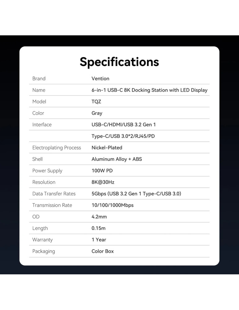 Докинг станция Vention TQZHB, Type-C, 8K 30Hz, HDMI, USB 3.0 x2, USB-C PD100W, LAN 1Gbps, LED дисплей - 14