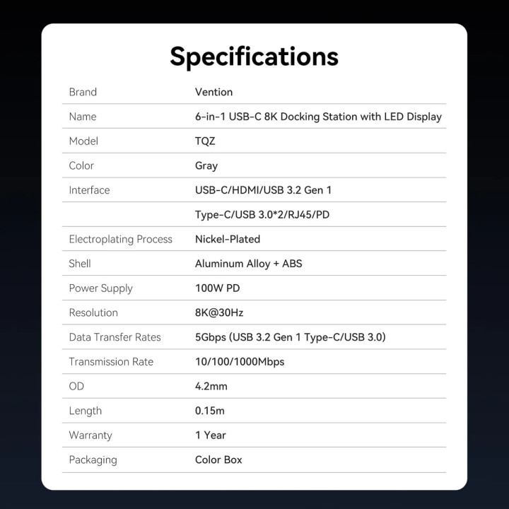 Докинг станция Vention TQZHB, Type-C, 8K 30Hz, HDMI, USB 3.0 x2, USB-C PD100W, LAN 1Gbps, LED дисплей - 14