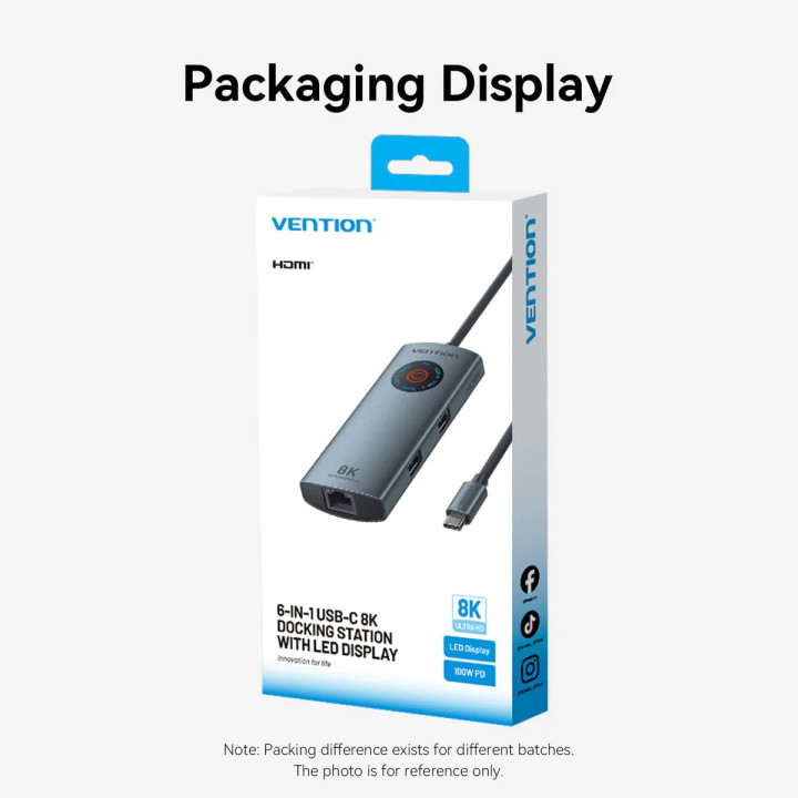 Докинг станция Vention TQZHB, Type-C, 8K 30Hz, HDMI, USB 3.0 x2, USB-C PD100W, LAN 1Gbps, LED дисплей - 15