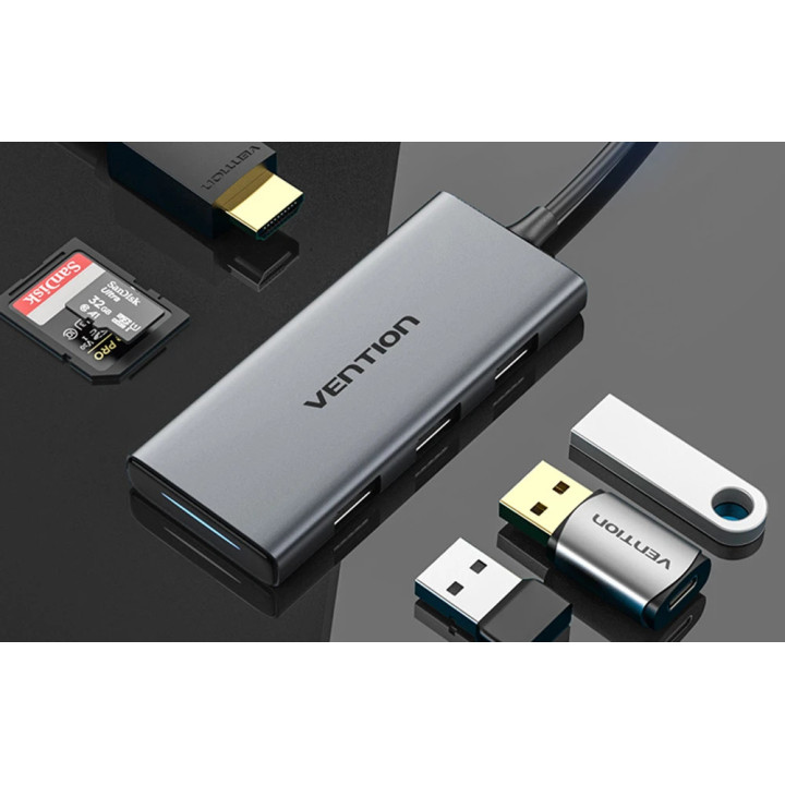 Докинг станция Vention Type-C TOOHB, 6-in-1 USB-C, HDMI, 3x USB 3.0, SD/TF, 4K 2160p 30Hz - 5