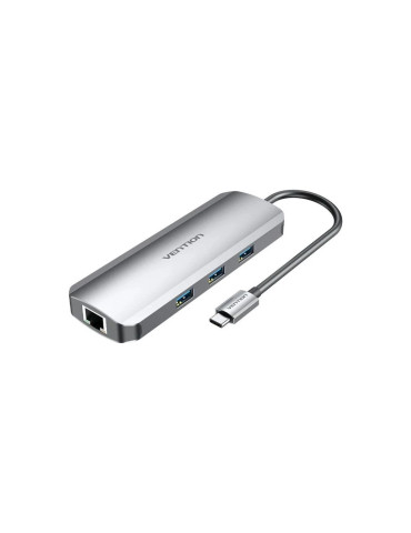 Докинг станция Vention Type-C TOLHB, 4K 2160p 30Hz, USB 3.0 x3, USB-C PD 100W, HDMI, LAN 1Gbps, SD/TF Reader - 1