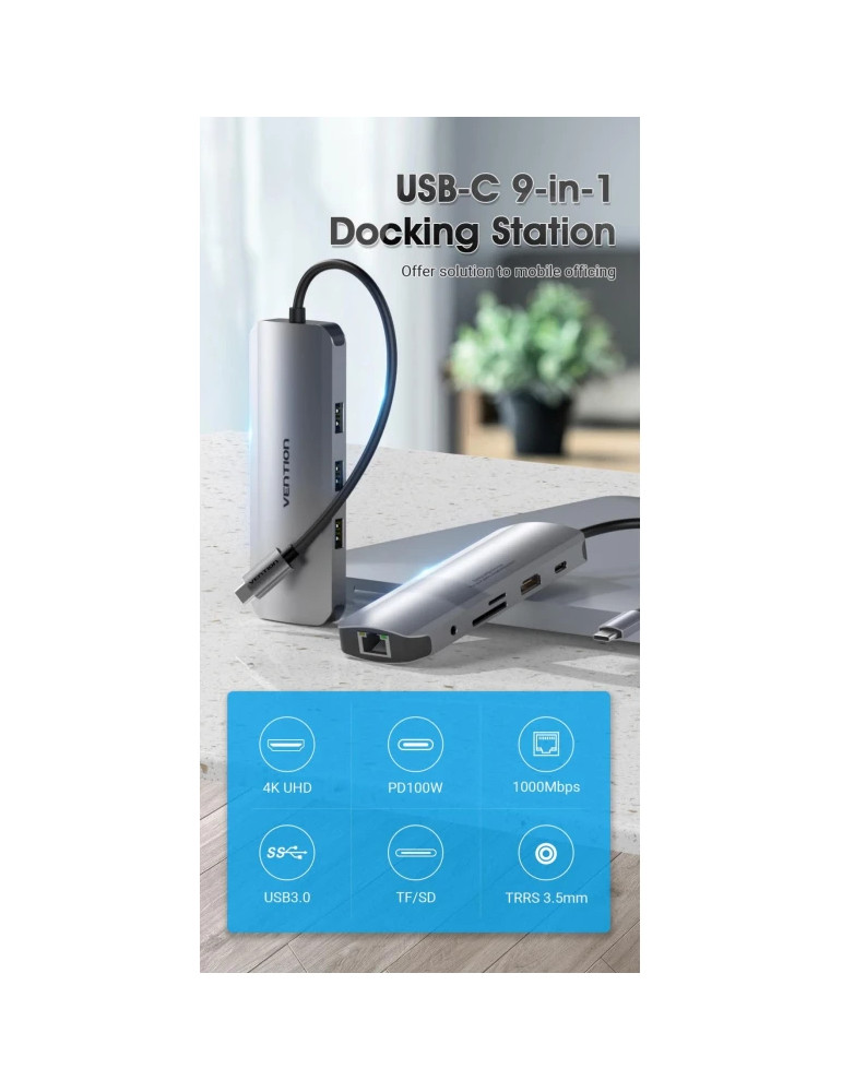 Докинг станция Vention Type-C TOLHB, 4K 2160p 30Hz, USB 3.0 x3, USB-C PD 100W, HDMI, LAN 1Gbps, SD/TF Reader - 2